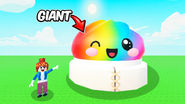 Official TRADE AND DUMPLING Roblox game media showing a giant rainbow dumpling.
